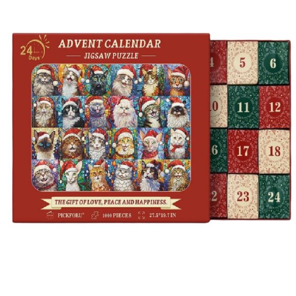 Christmas Cats Mosaic Stained Glass Advent Calendar Jigsaw Puzzle 1000 Pieces - Picture 2 of 5